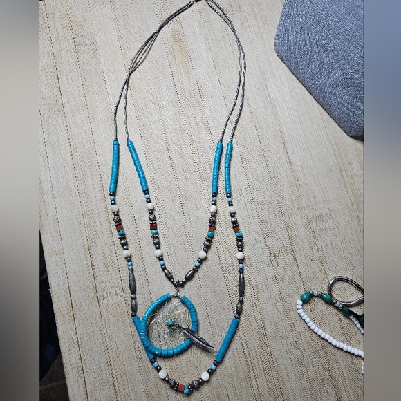 Vintage Native American 925 Turquoise Beaded multi strand Necklace - Picture 5 of 8